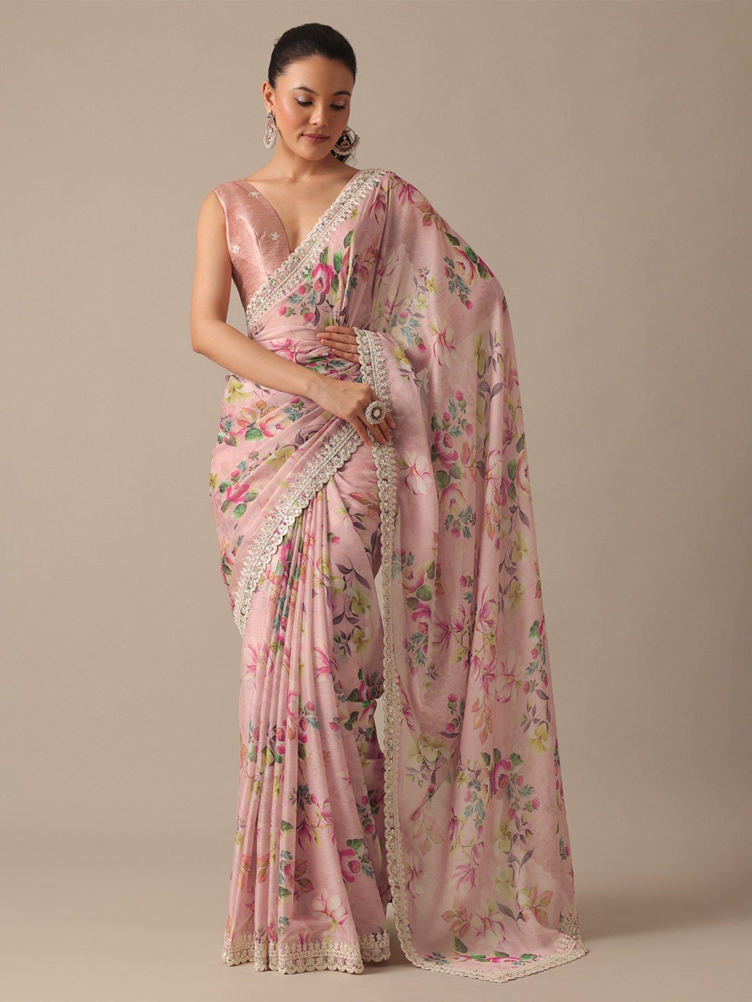 pink chiffon saree with floral prints with unstitched blouse