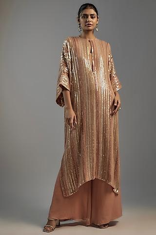 pink chiffon sequins embroidered kaftan set