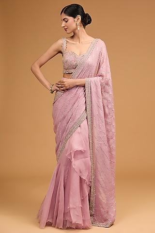 pink chiffon sequins embroidered ruffled saree set