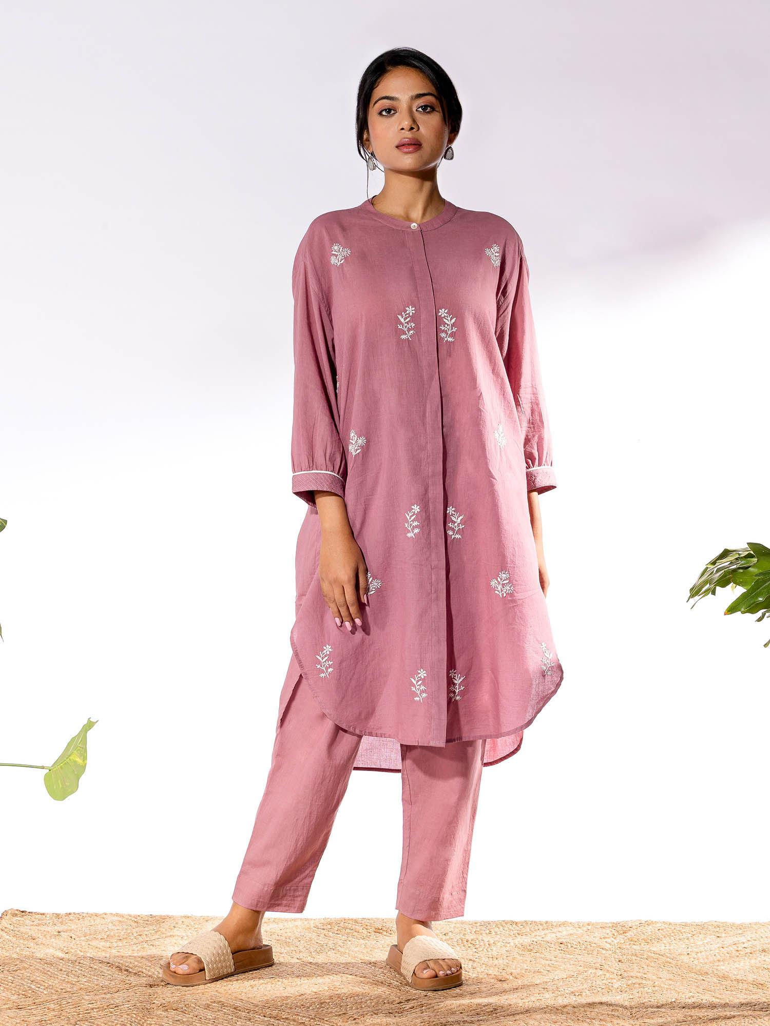pink chikan cotton kurta shirt & salwar (set of 2)