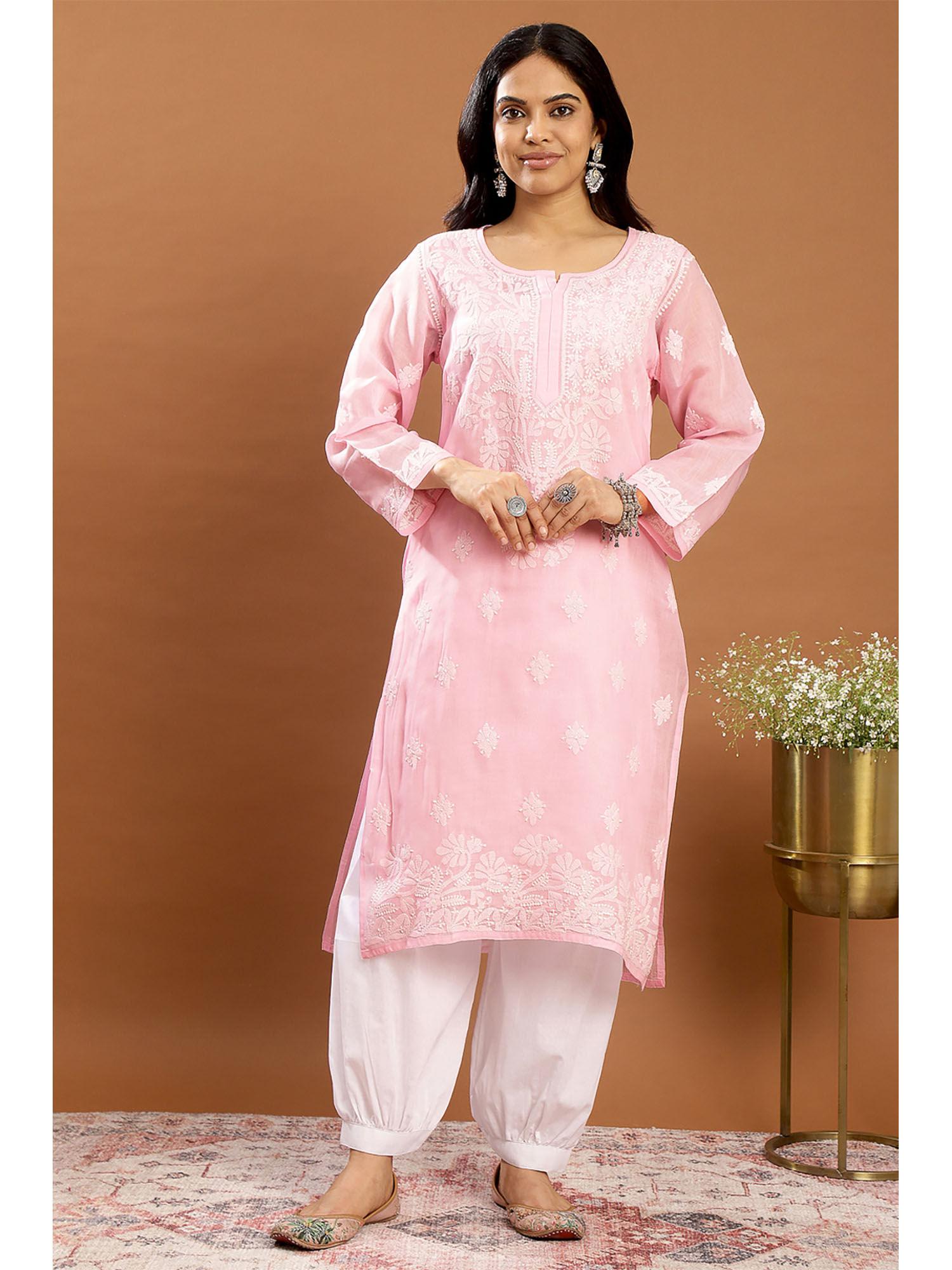 pink chikankari cotton kurta with slip (set of 2)