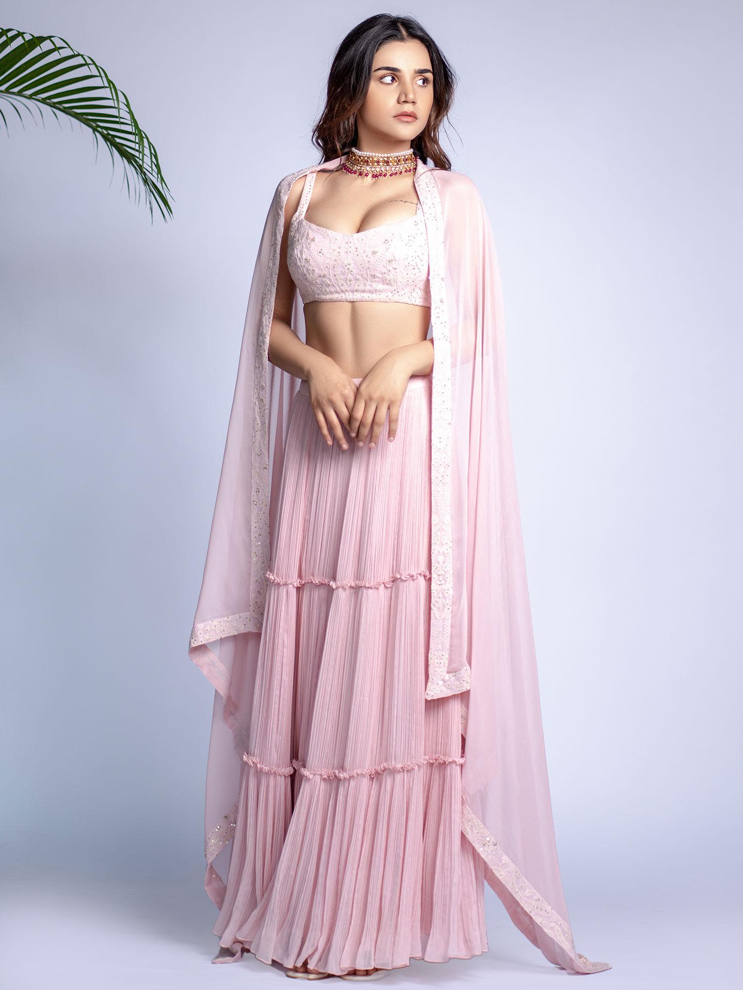 pink chikankari lehenga (set of 3)