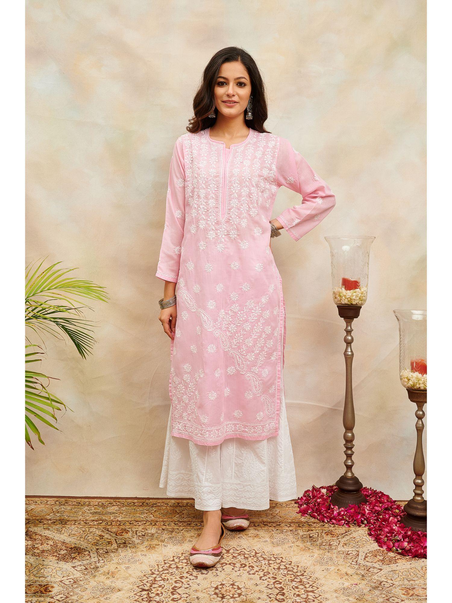 pink chikankari mul cotton designer kurta