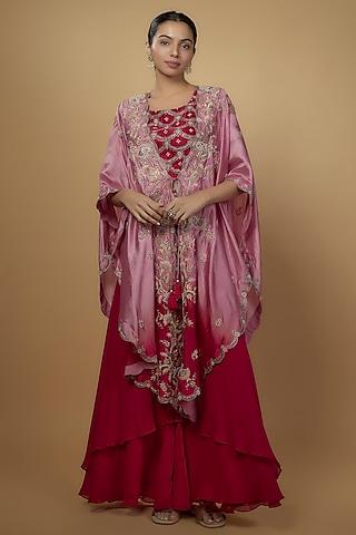 pink chinese dupion georgette embroidered cape set