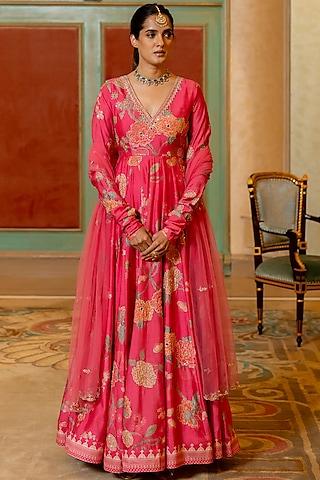 pink chiniya silk floral printed & hand embroidered anarkali set
