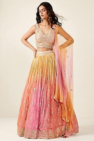 pink chinnon tie-dye lehenga set