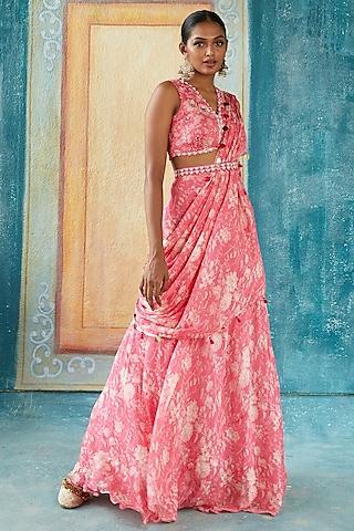 pink chinon chiffon printed draped saree set