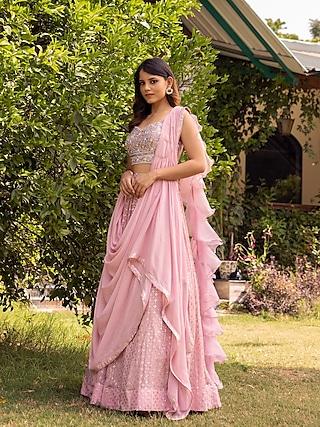 pink chinon layered lehenga set