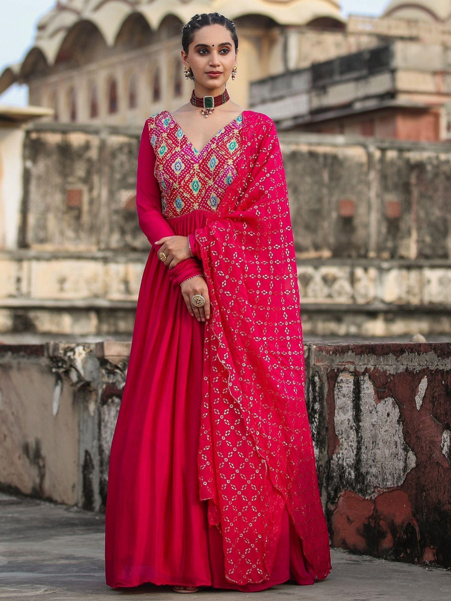 pink chinon silk bandhani & zari gown with organza embellished dupatta (set of 2)