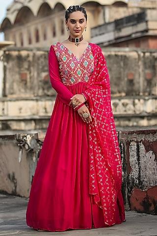 pink chinon silk bandhani printed & zari embellished pleated gown
