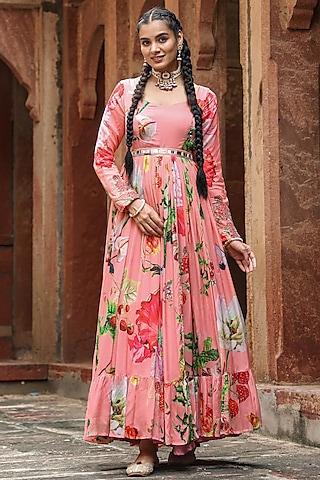 pink chinon silk floral printed gown