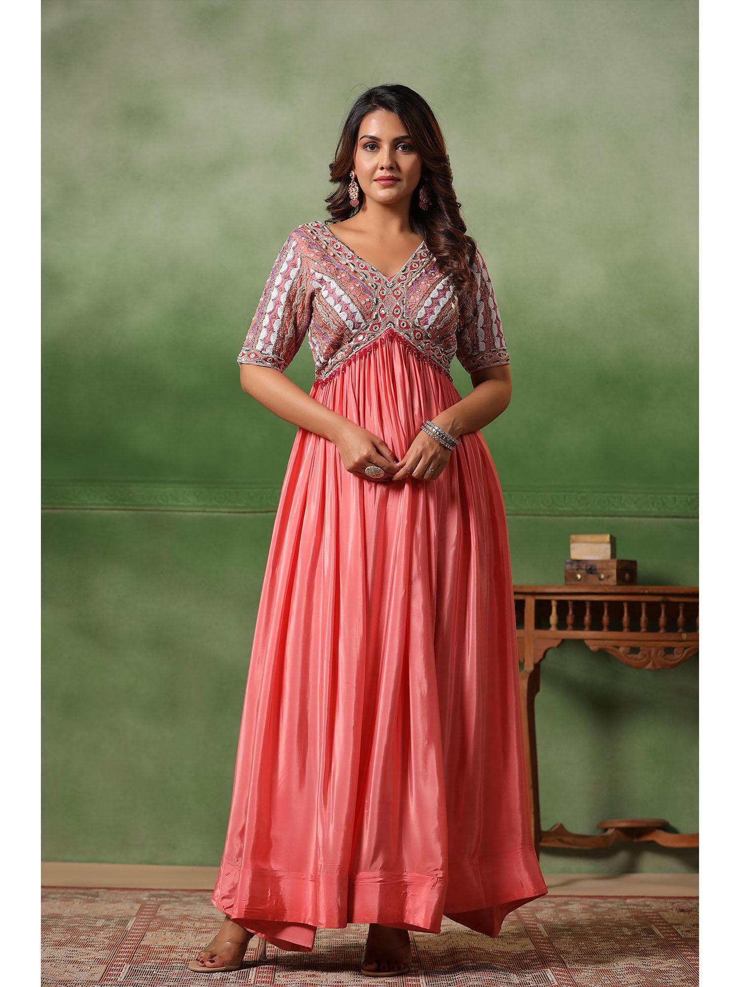 pink chinon silk solid embellished gathered gown