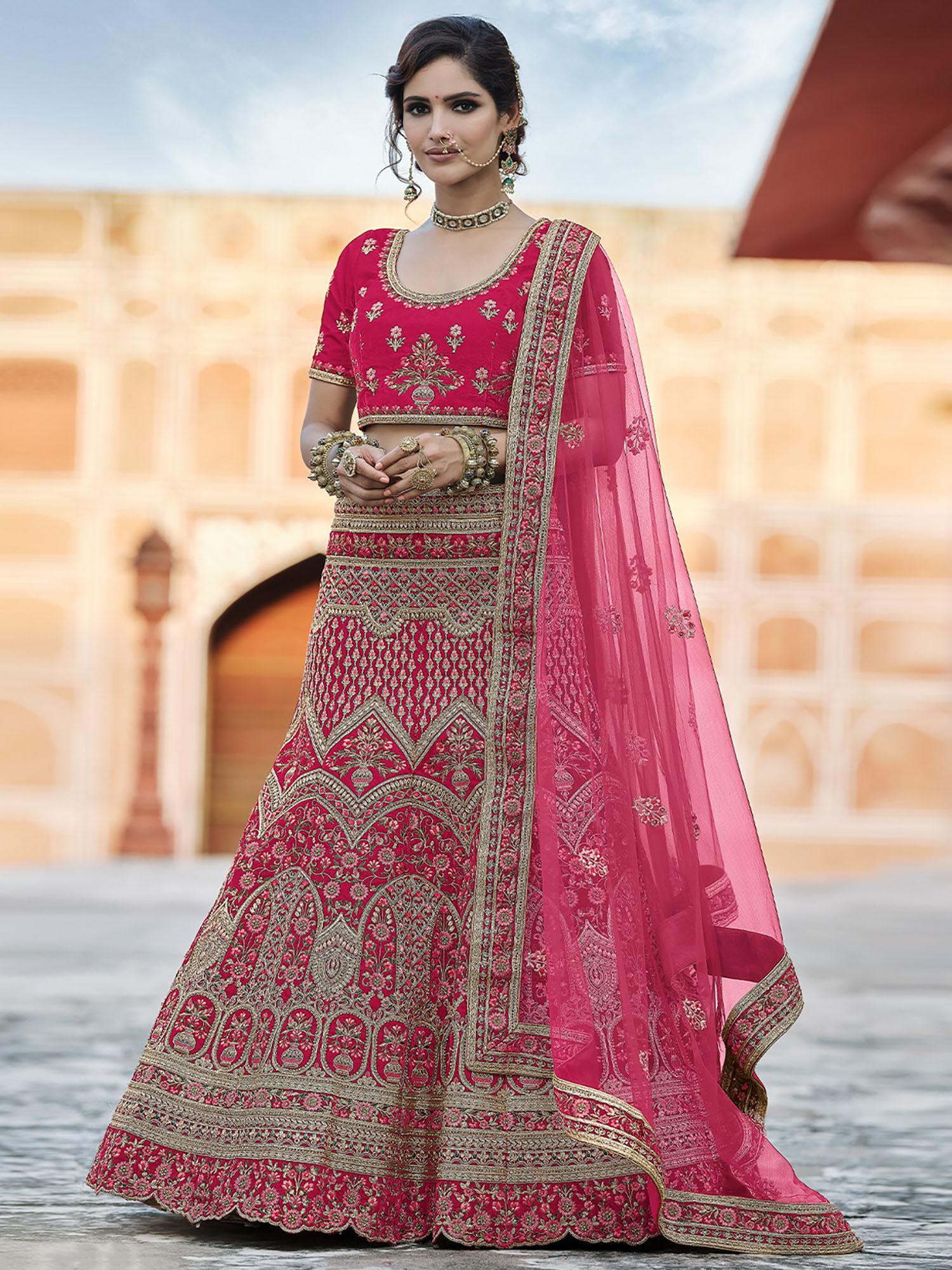 pink classy semi stitched lehenga with unstitched blouse (set of 3)