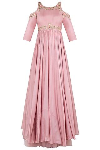 pink cold shoulder embroidered anarkali gown set