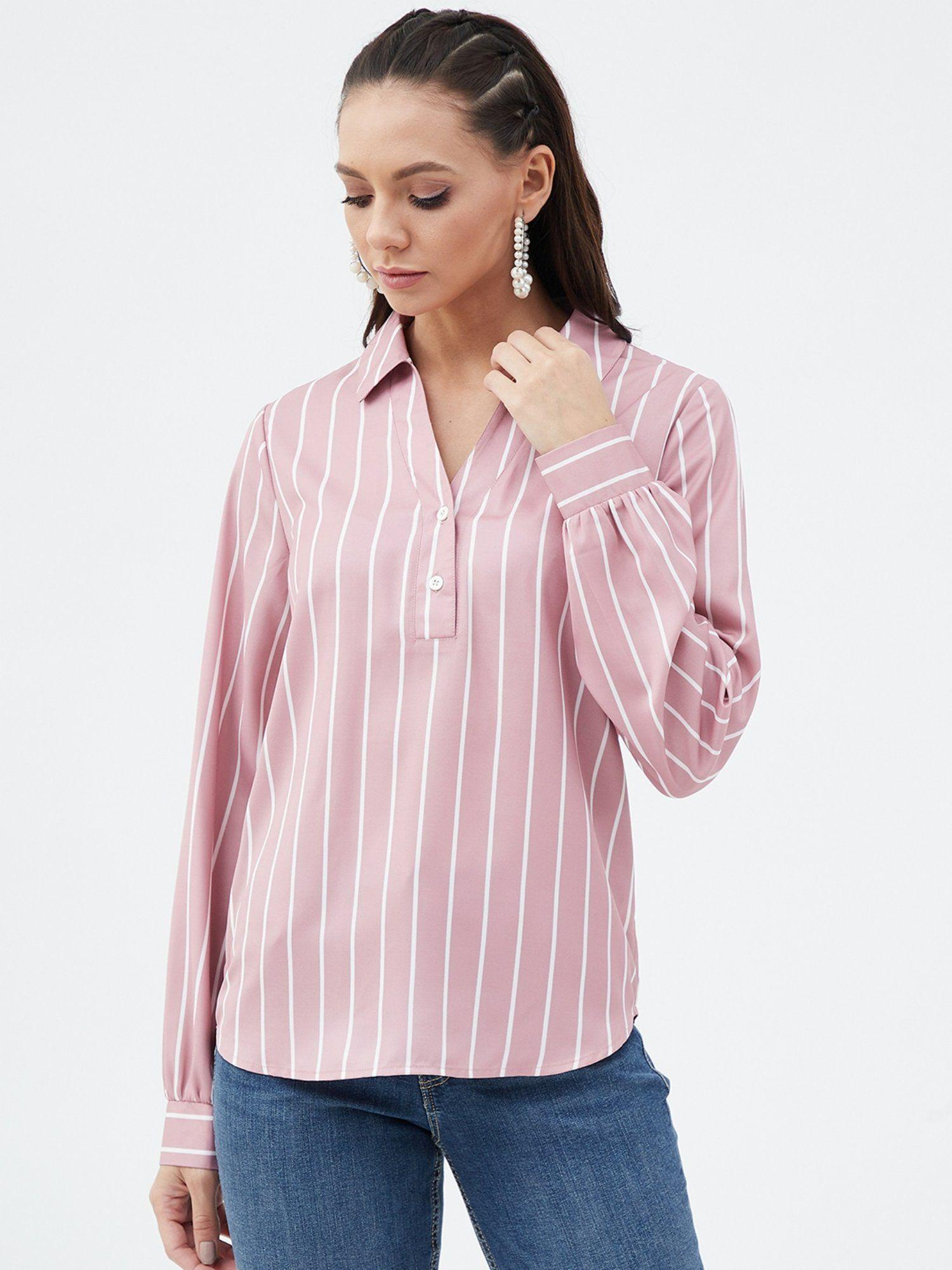 pink collar neck shirt style striped top