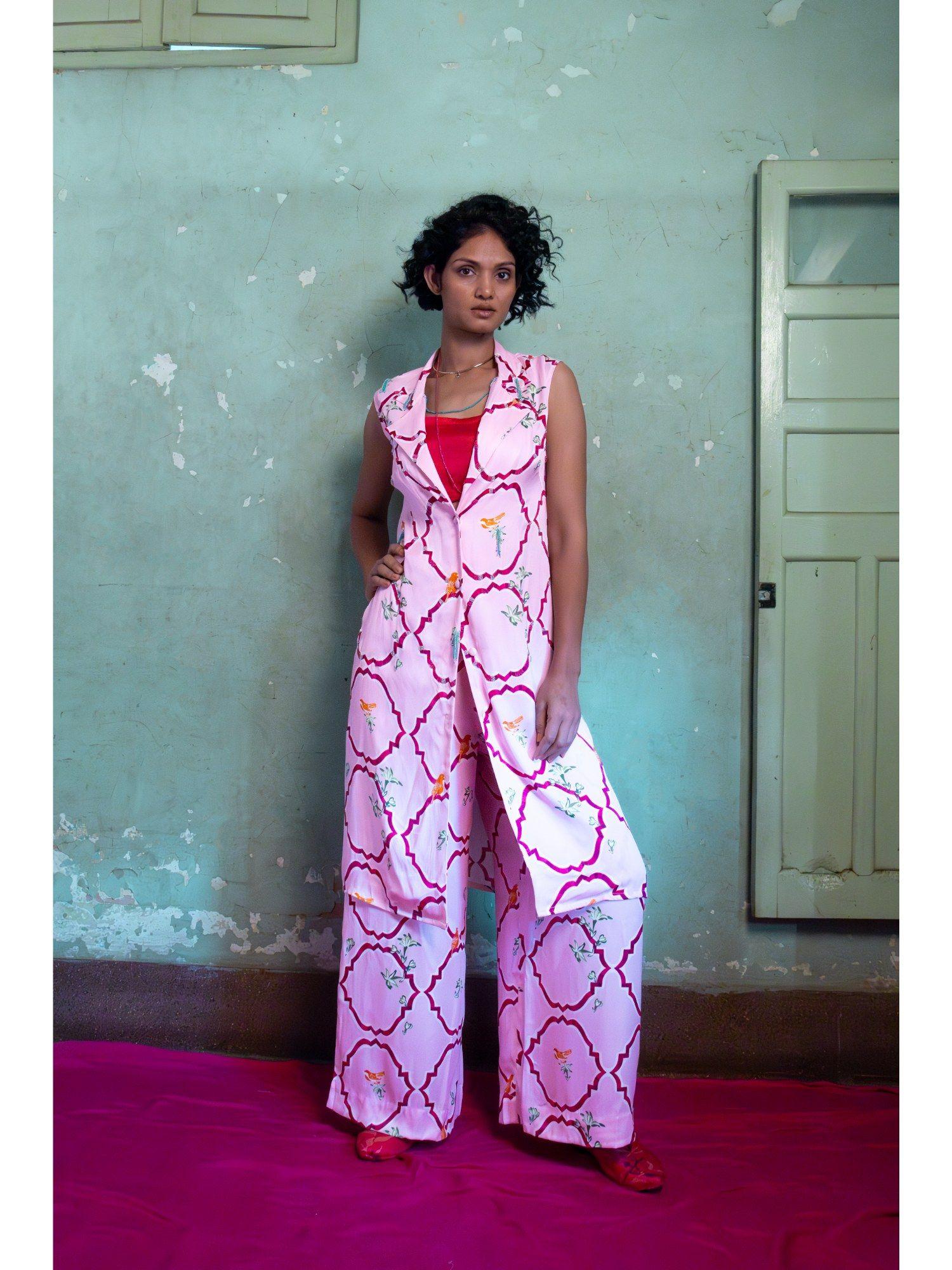 pink collared sleeveless button down kurta set, a stylish ensemble (set of 3)