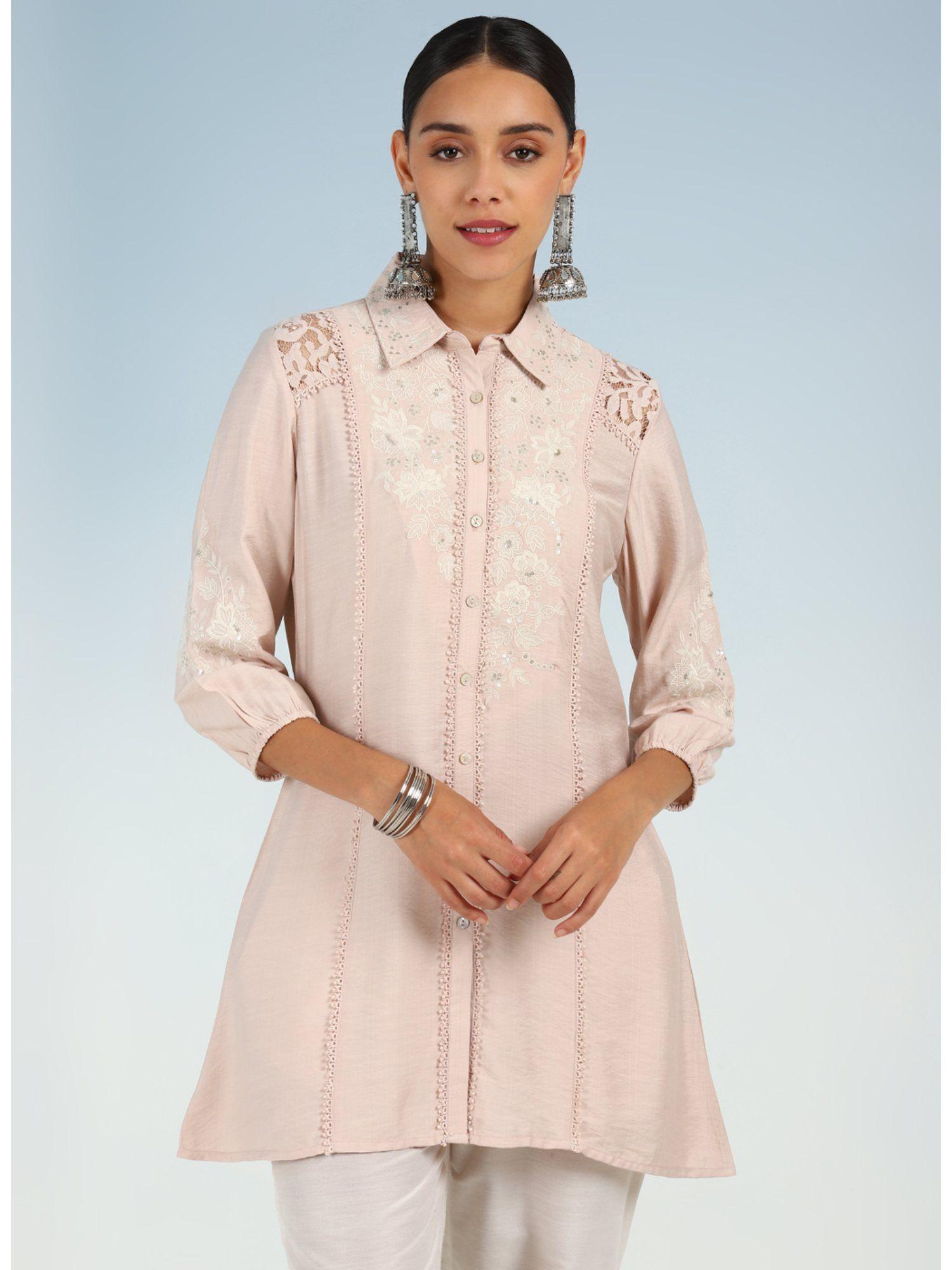 pink collared tunic for women with puffed sleeves