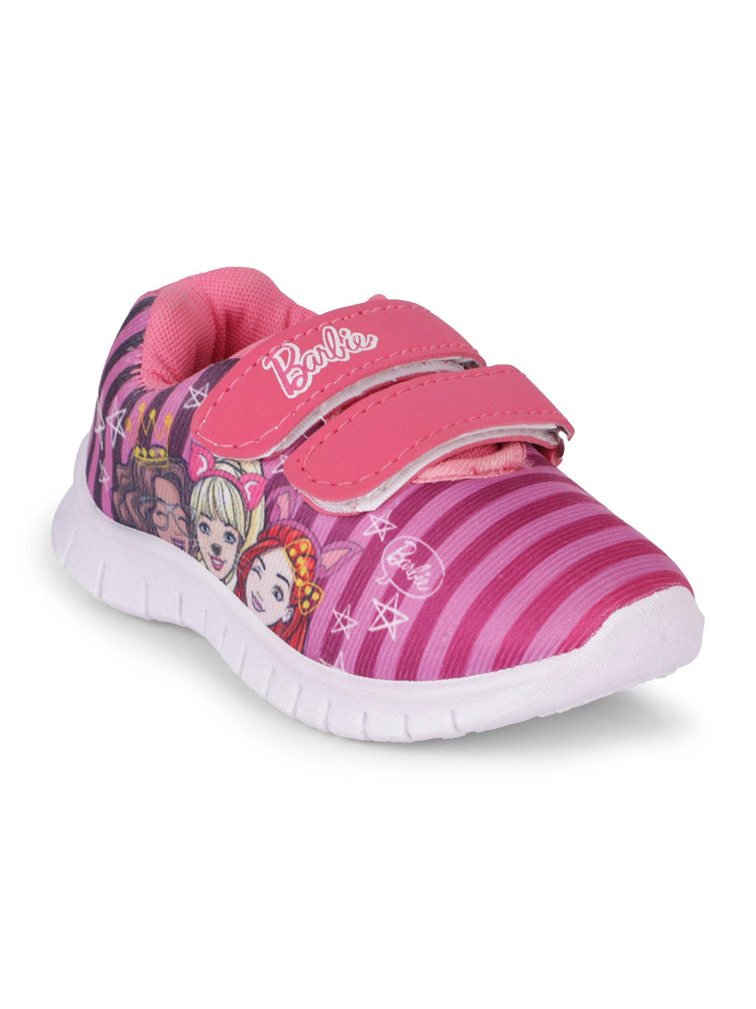 pink color barbie printed shoes for girls