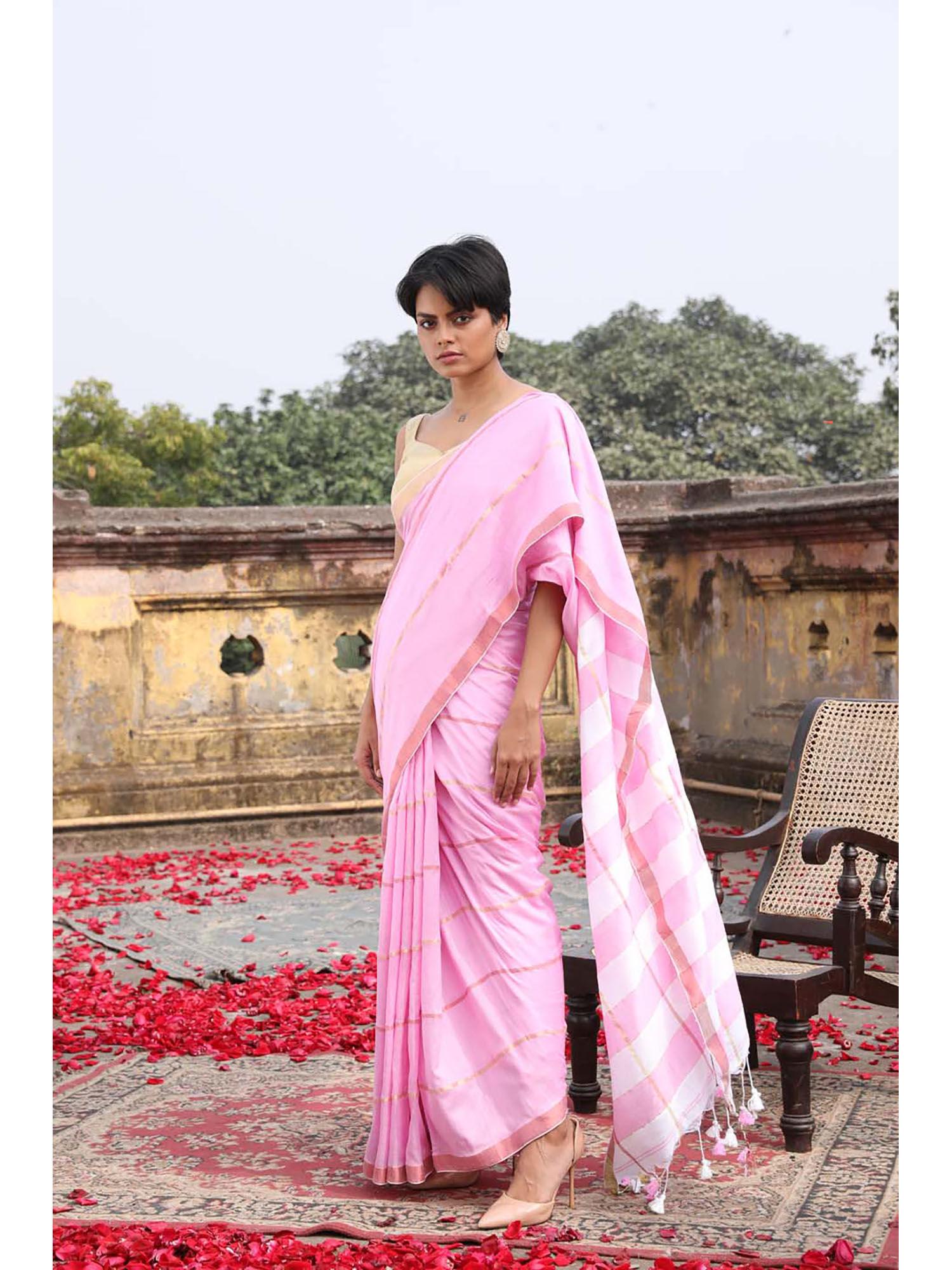 pink color blocked party wear saree with unstitched blouse