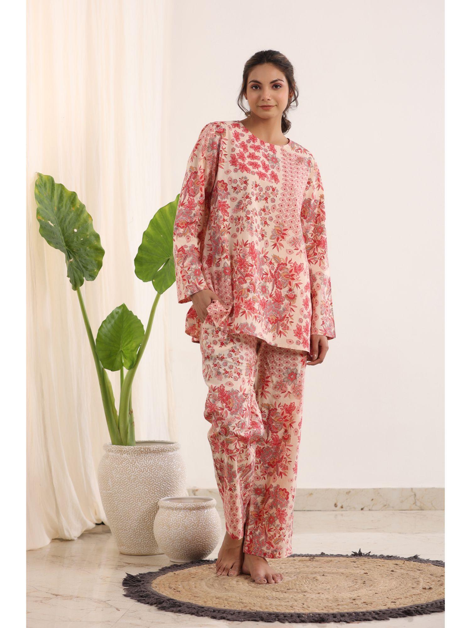 pink color printed women pure cotton top & pyjama night suit (set of 2)