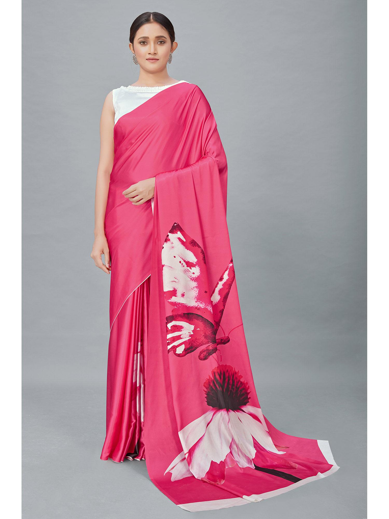 pink color satin digital print saree with unstitched blouse