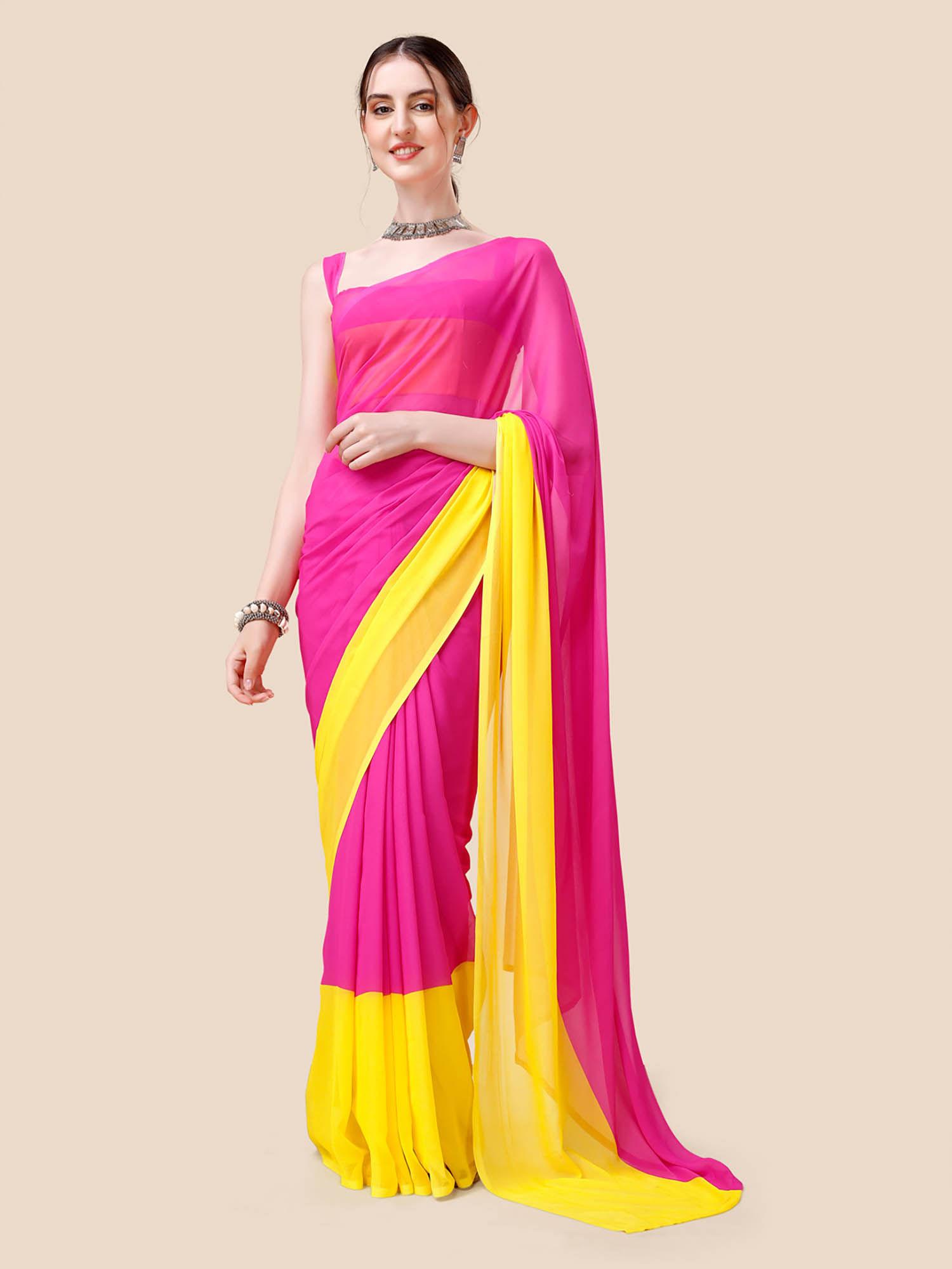 pink colorblock celebrity saree with unstitched blouse