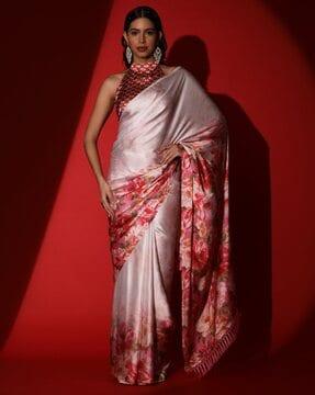 pink colored digital printed crepe saree printed saree