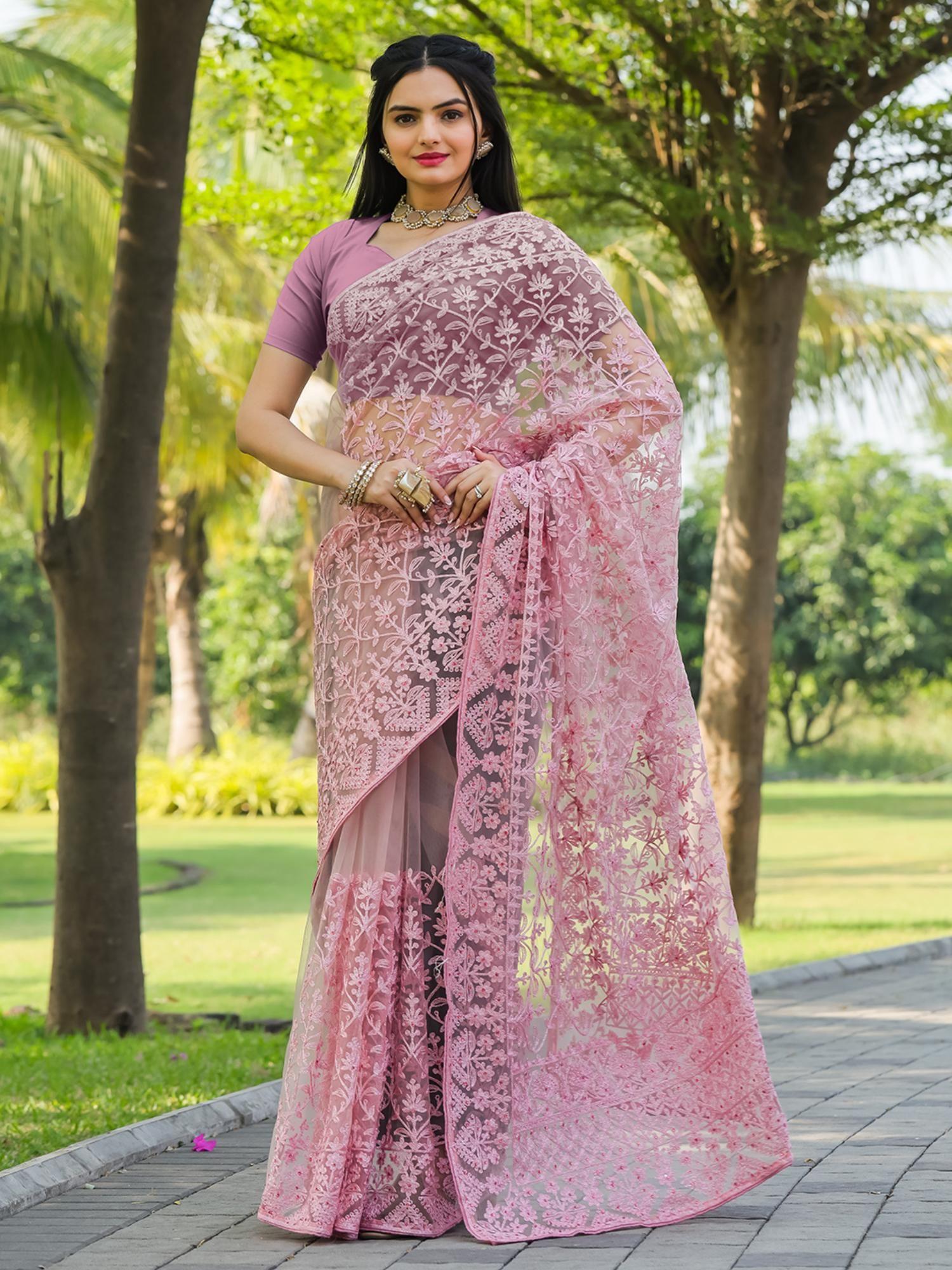 pink colored embroidered net saree with unstitched blouse