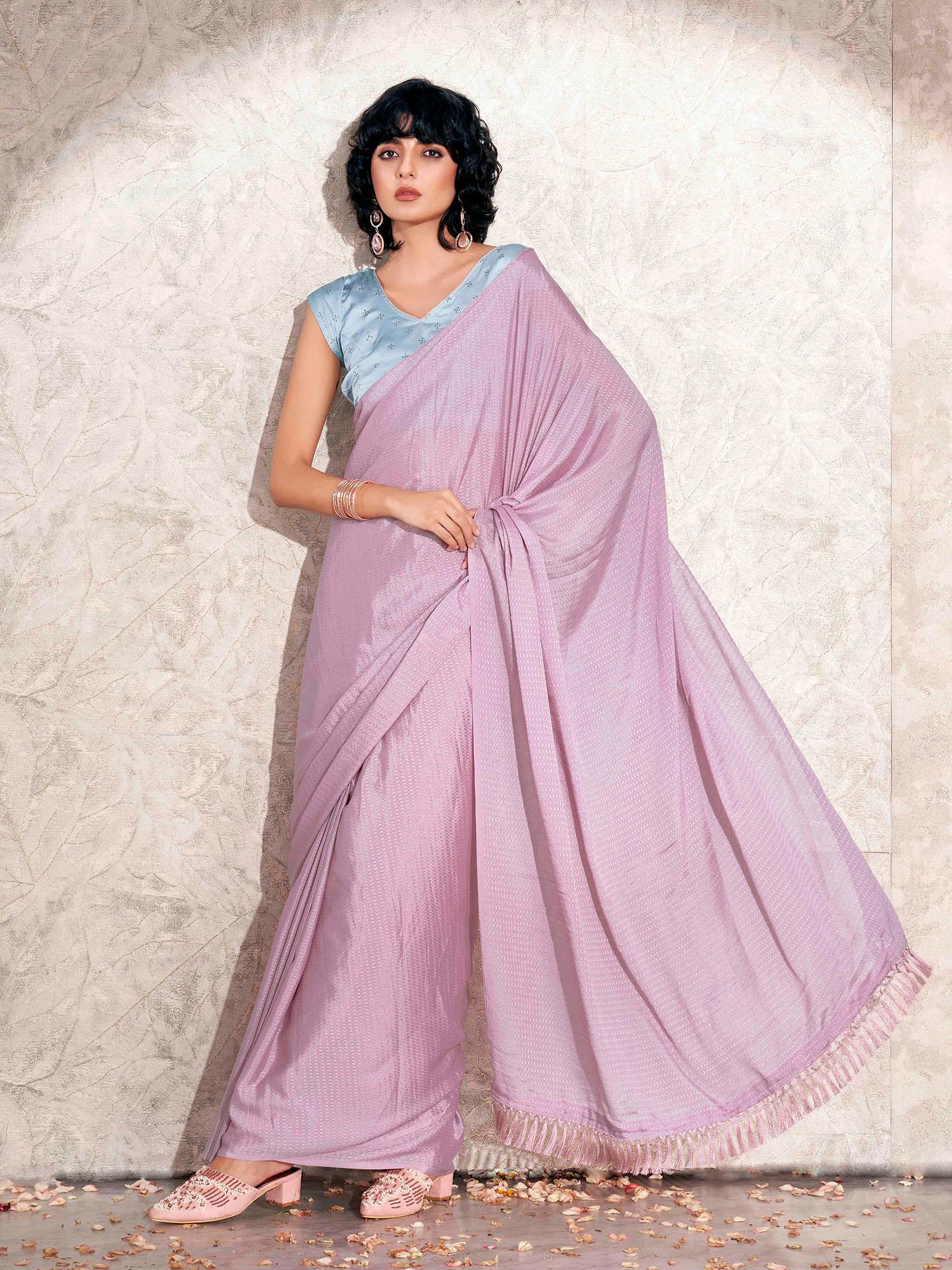 pink colored jacquard mukaish work satin saree with unstitched blouse