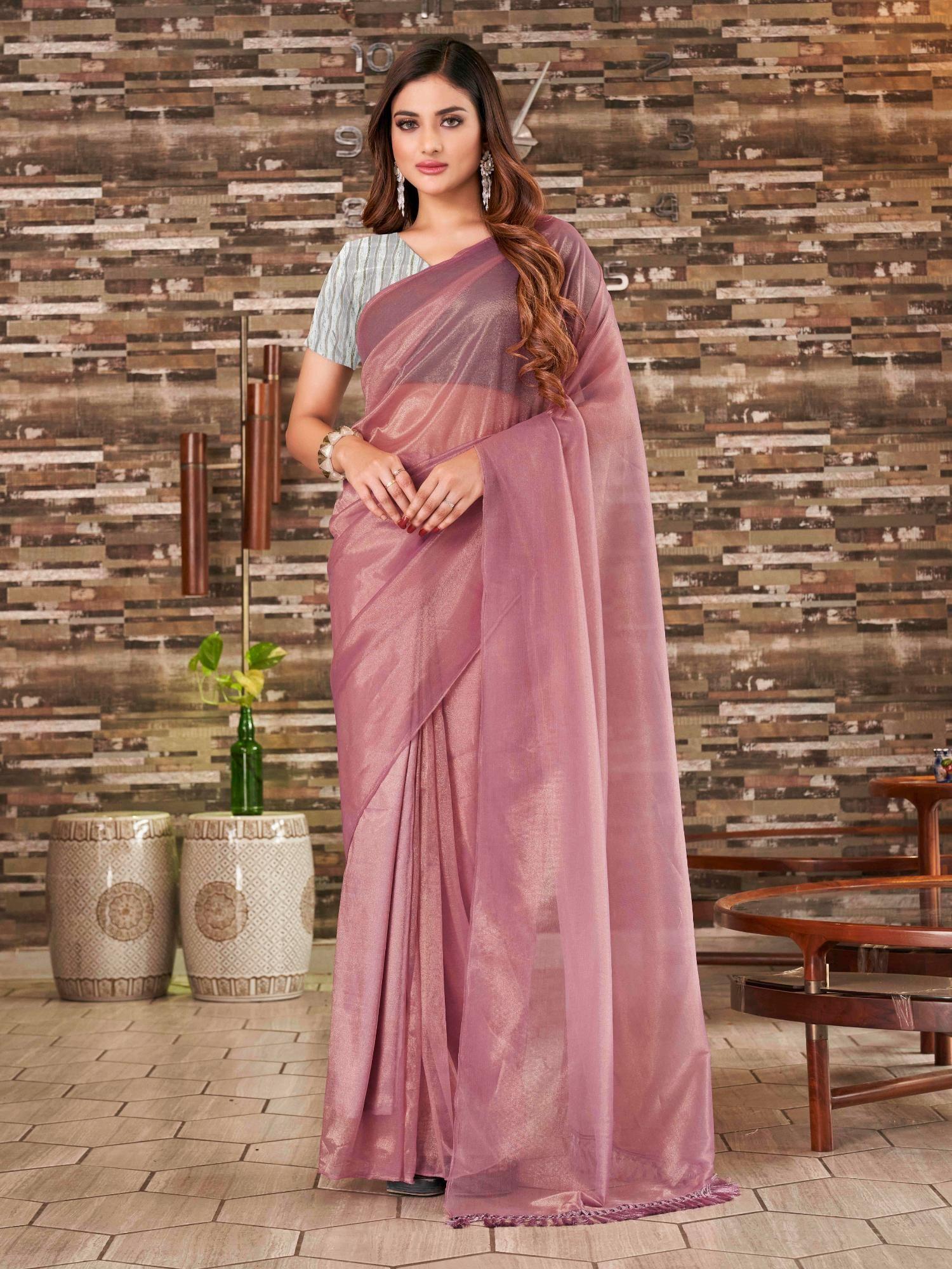 pink colored saree with unstitched blouse