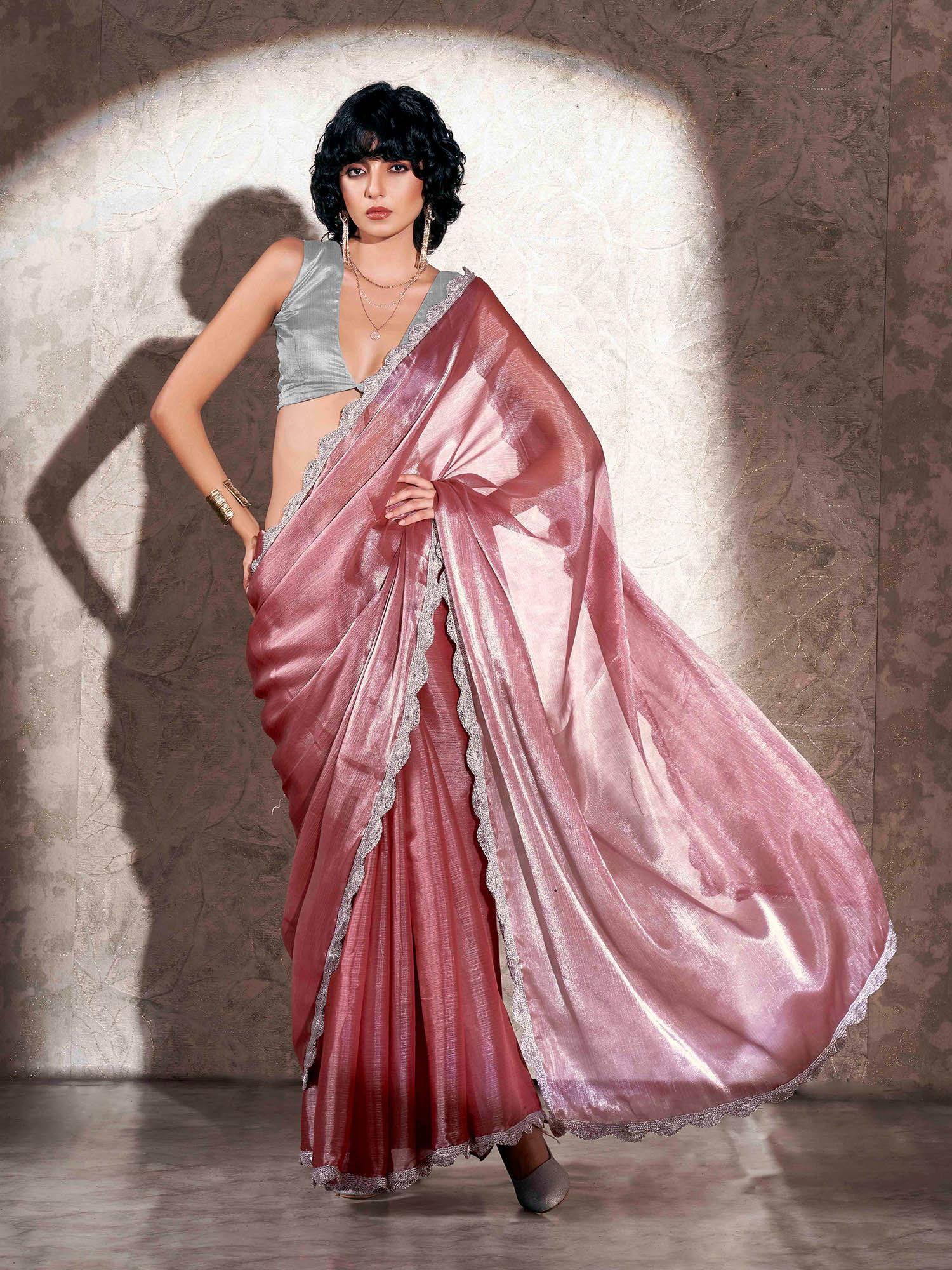 pink colored shimmer chiffon embellished border saree with unstitched blouse