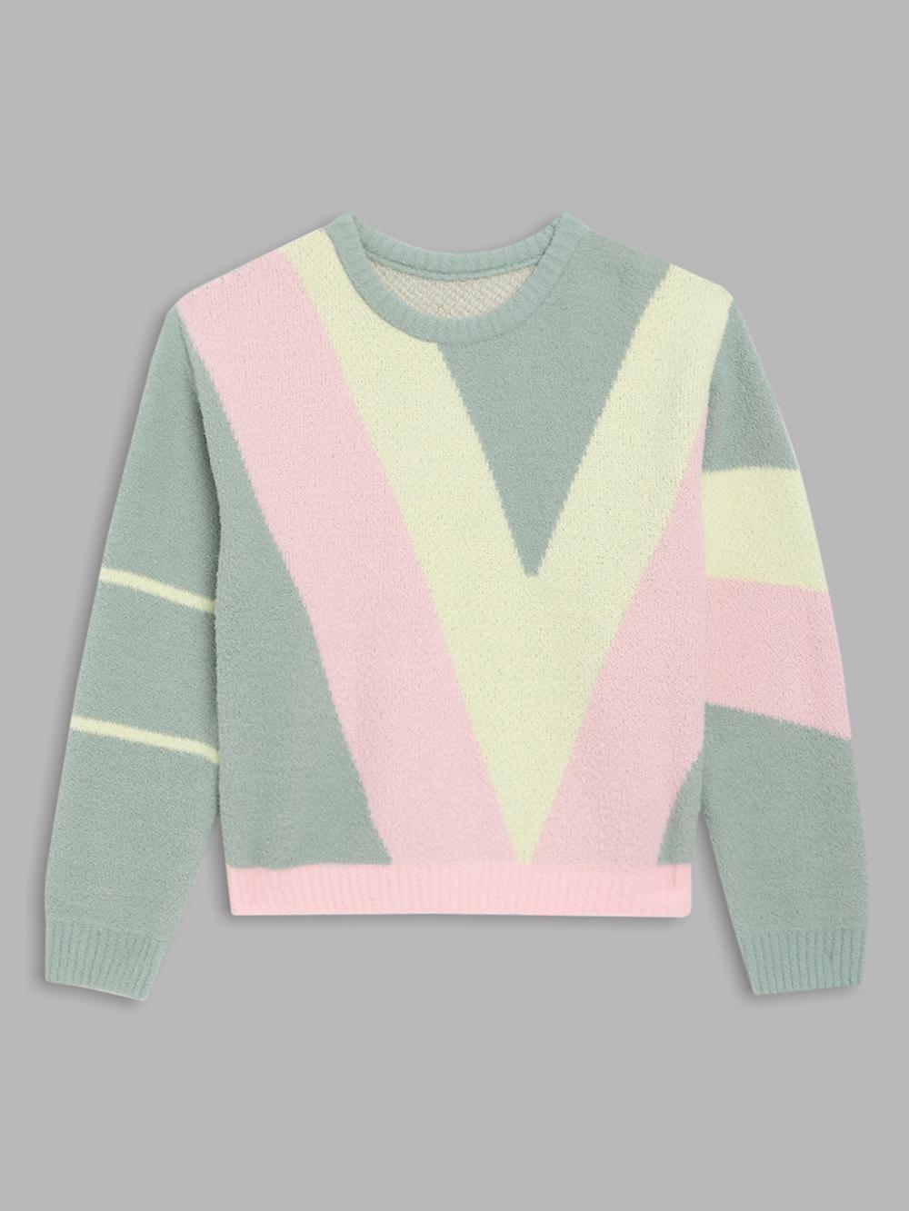 pink colour blocked round neck sweater