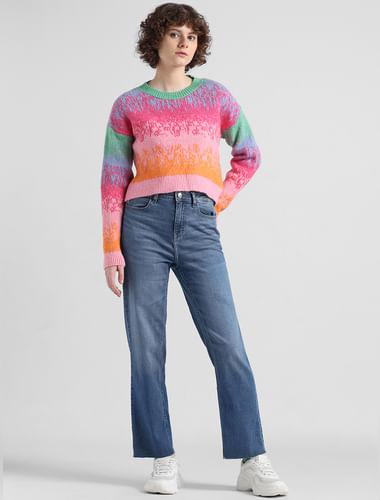 pink colourblocked jacquard knit pullover