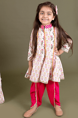 pink cotton & rayon dhoti set for girls