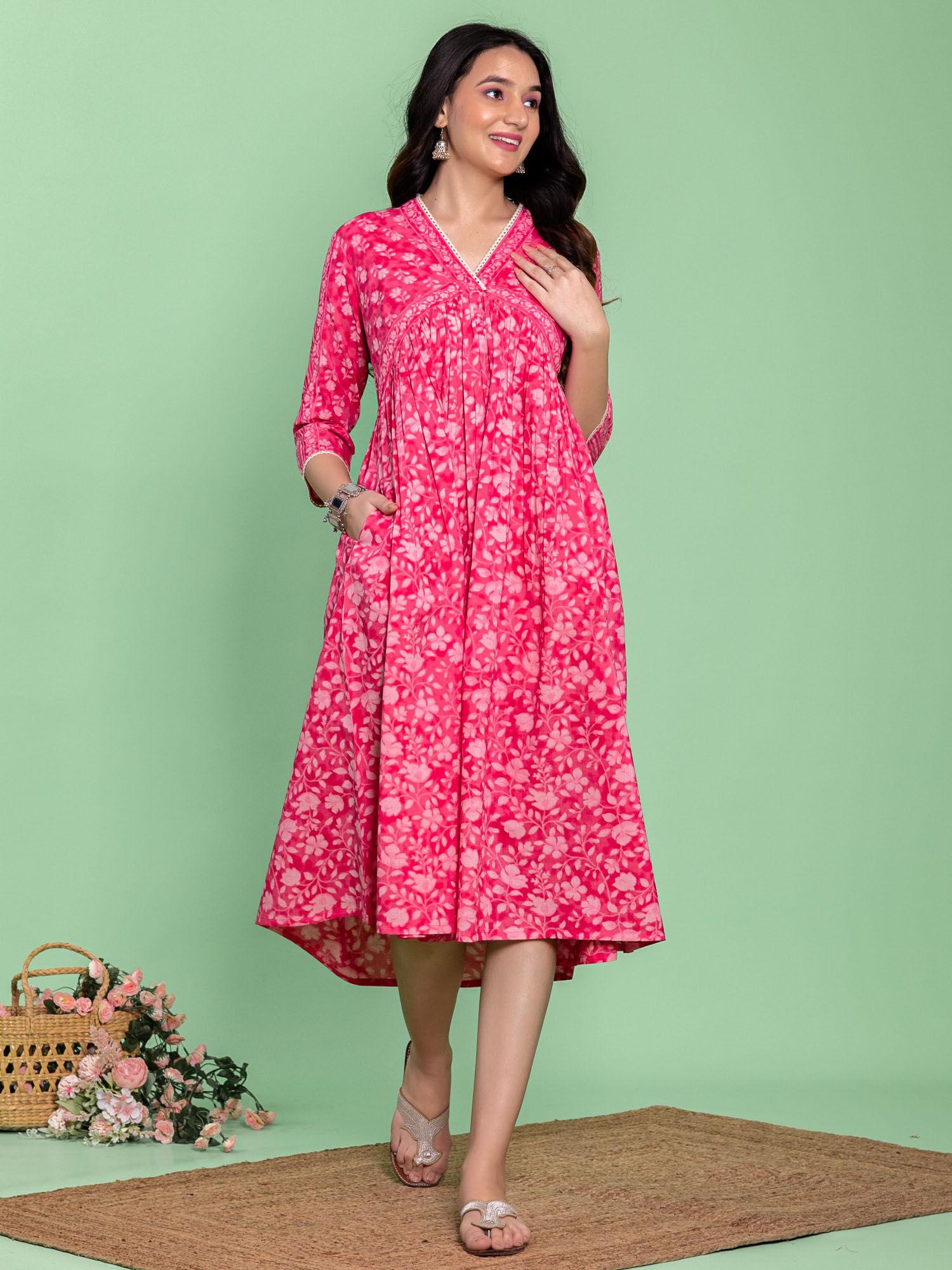 pink cotton a-line floral printed midi dress