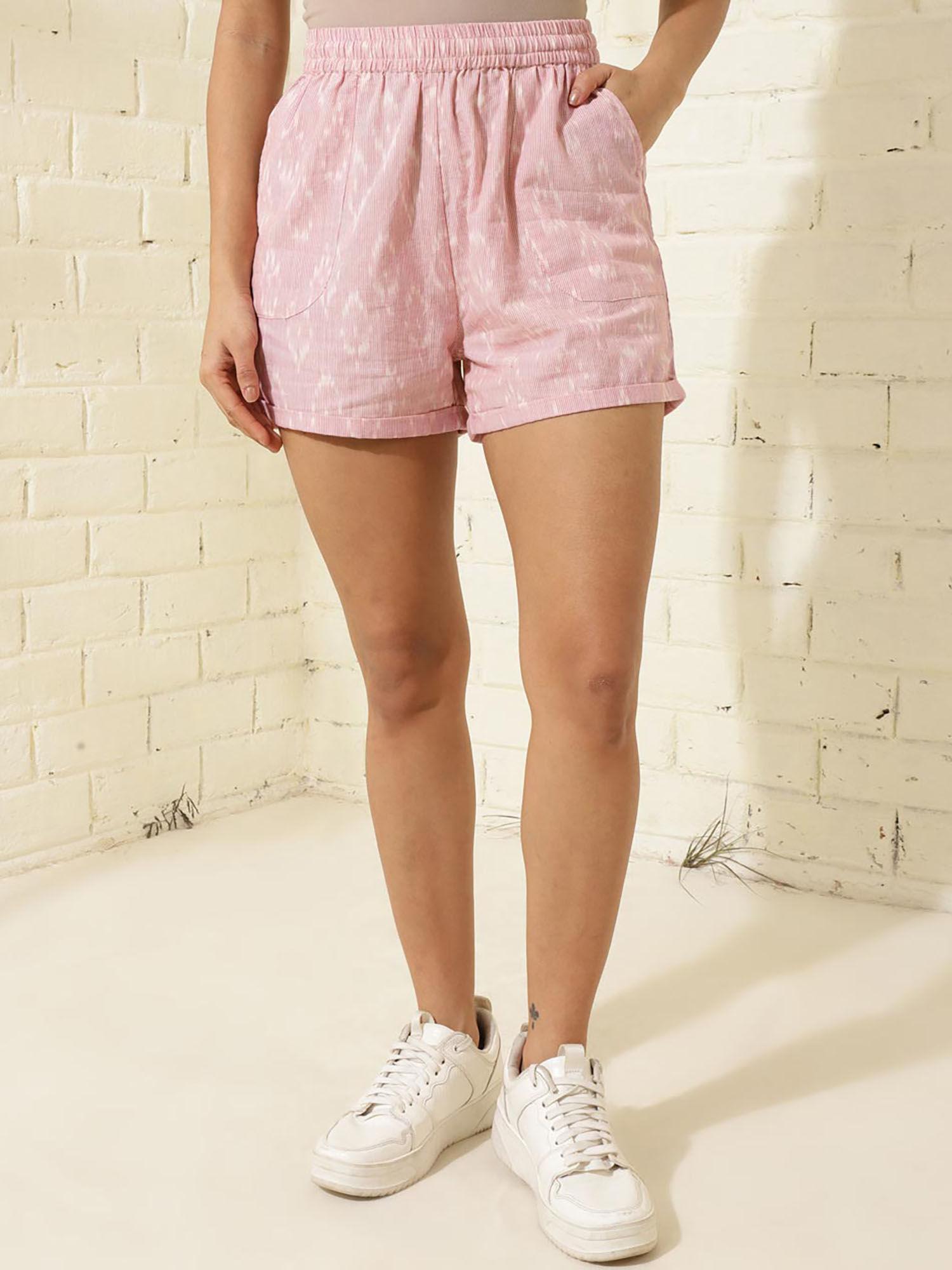 pink cotton above knee comfort fit ikat print shorts