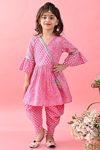 pink cotton bandhani printed & embroidered kurta set for girls