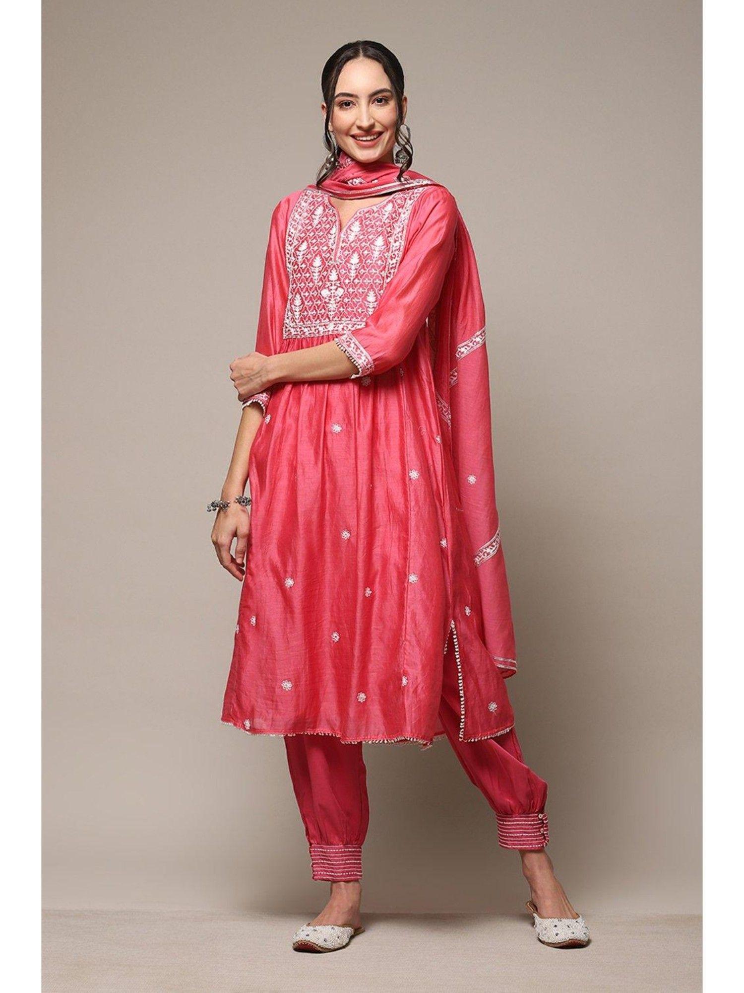 pink cotton blend embroidery calf kurta (set of 4)