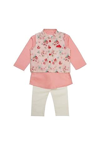 pink cotton blend floral printed bundi jacket with kurta set for boys