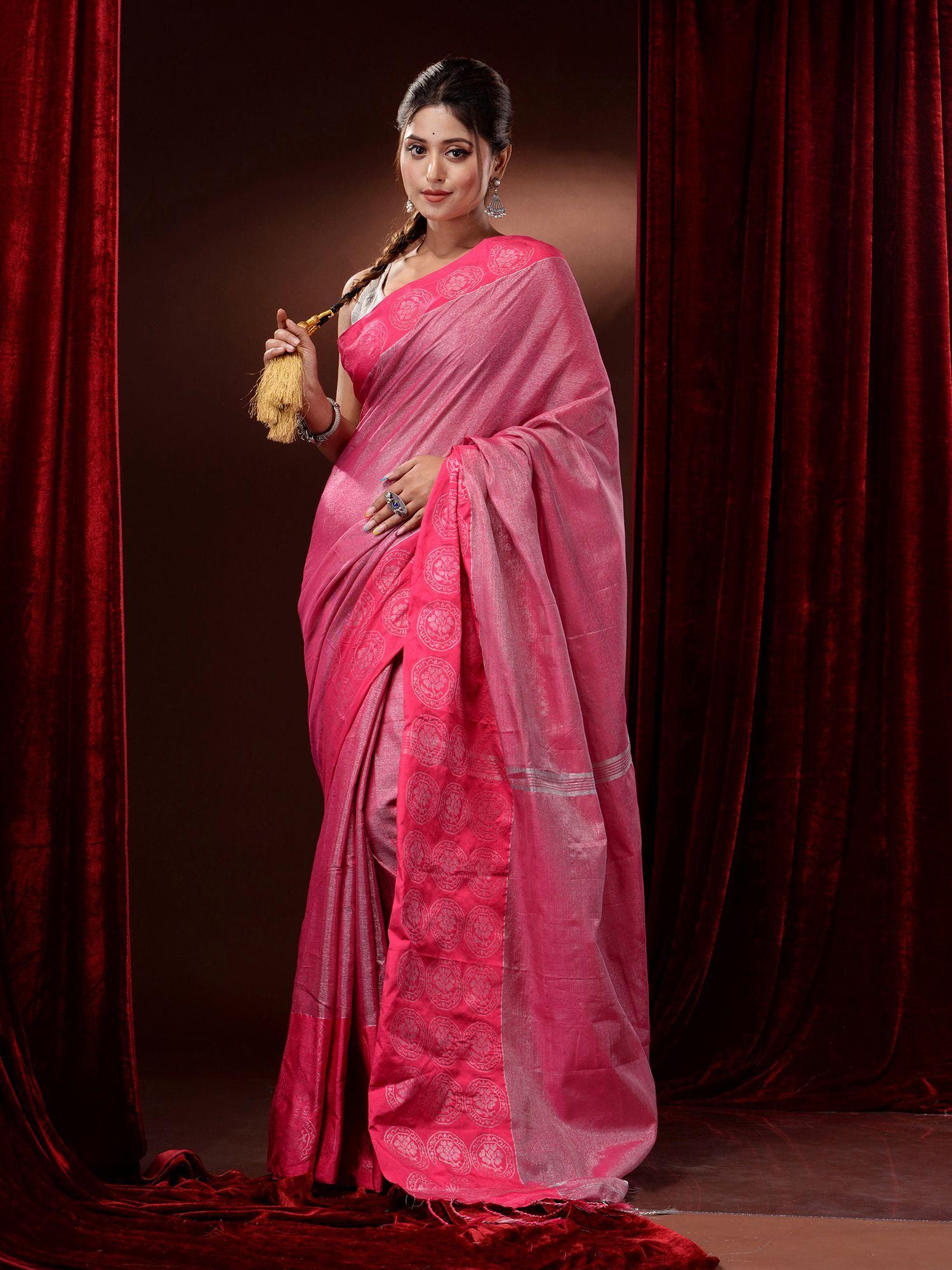 pink cotton blend handwoven woven zari and floral motifs saree with unstitched blouse