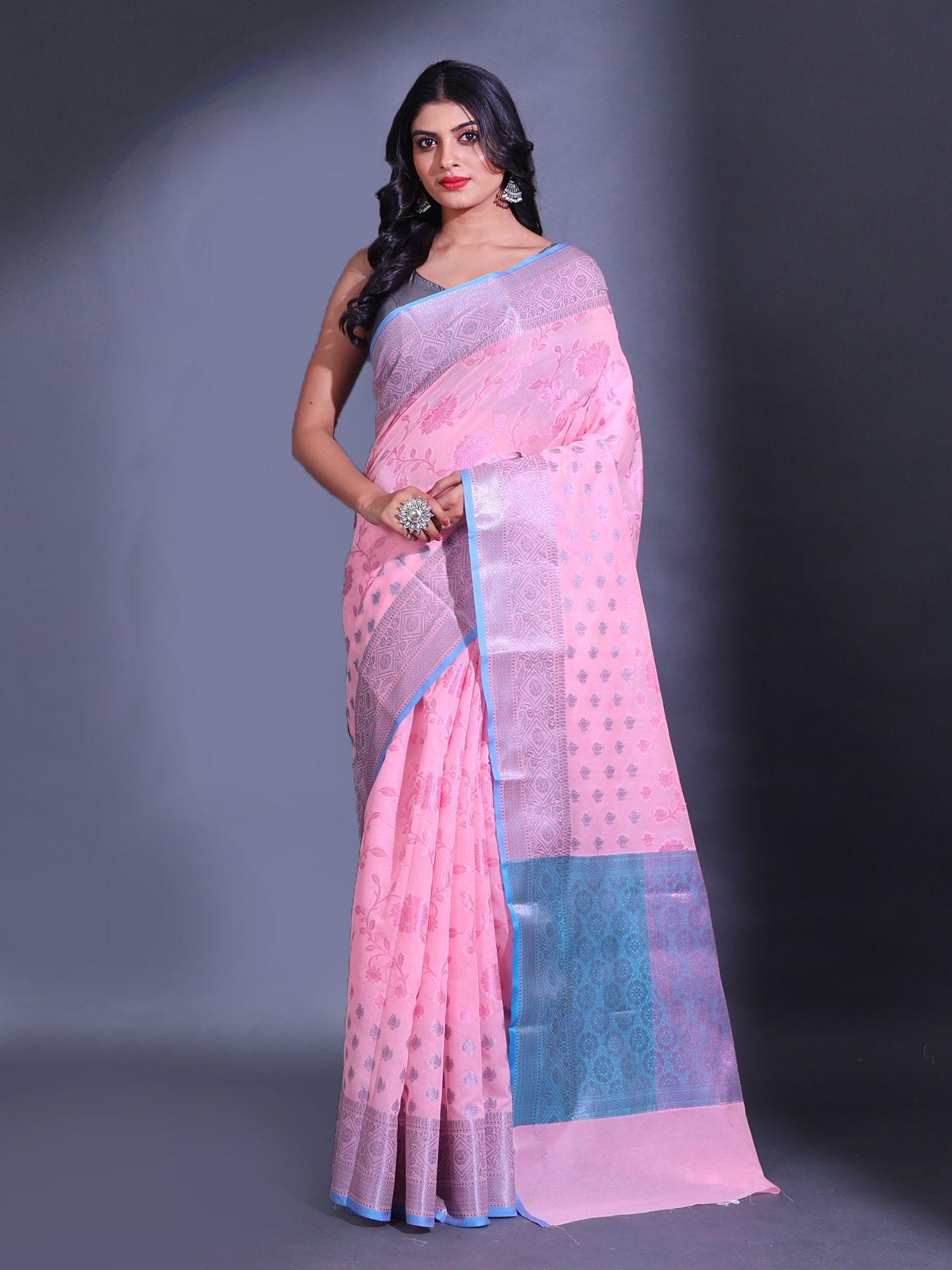 pink cotton blend handwoven zari floral pattern saree with unstitched blouse