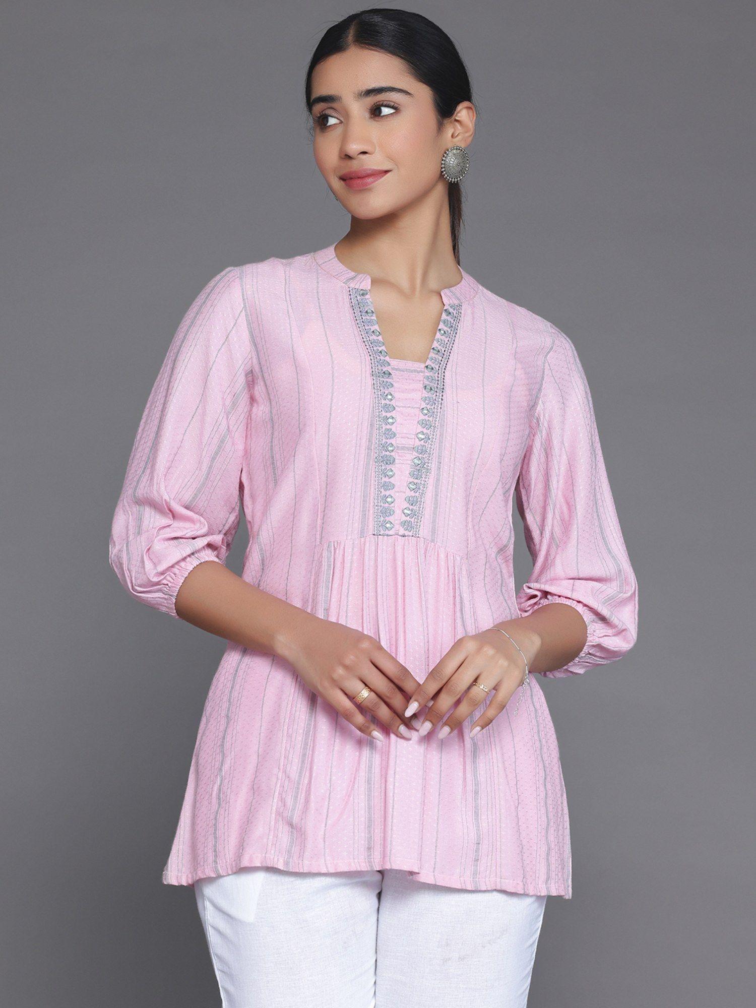 pink cotton blend self design a-line kurti