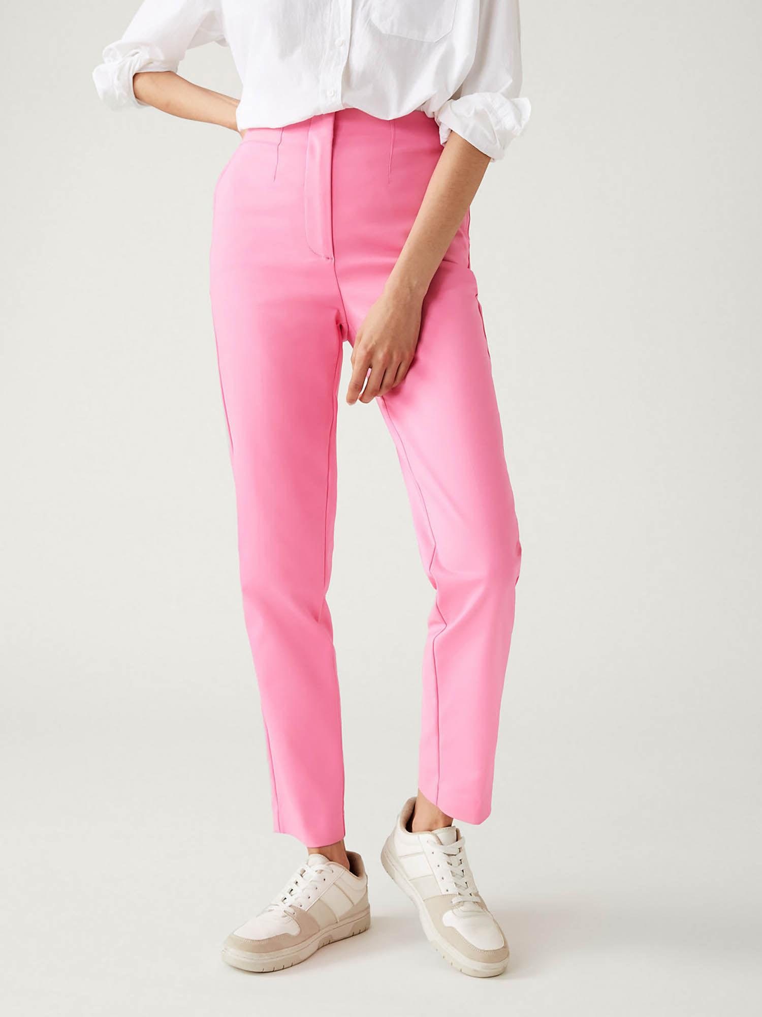 pink cotton blend slim fit ankle grazer pant