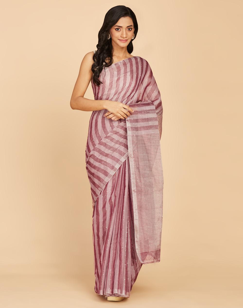 pink cotton blend woven striped sequins work sari