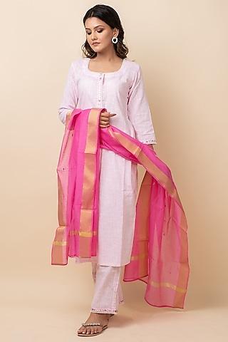 pink cotton block printed & embroidered kurta set