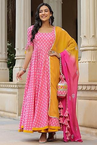 pink cotton block printed anarkali set