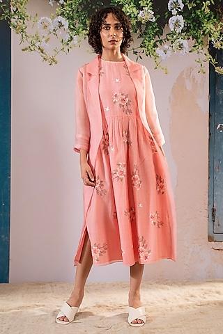 pink cotton chanderi block printed jacket dress