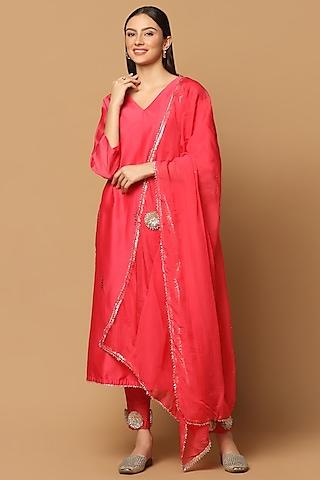 pink cotton chanderi embroidered kurta set