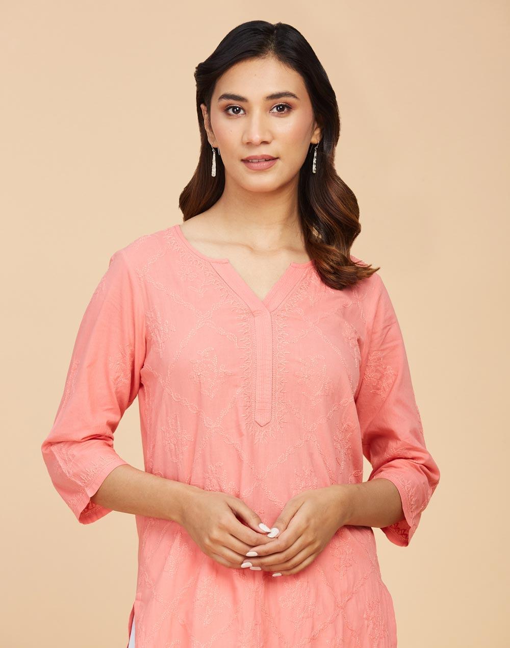 pink cotton chikankari slim fit short kurta