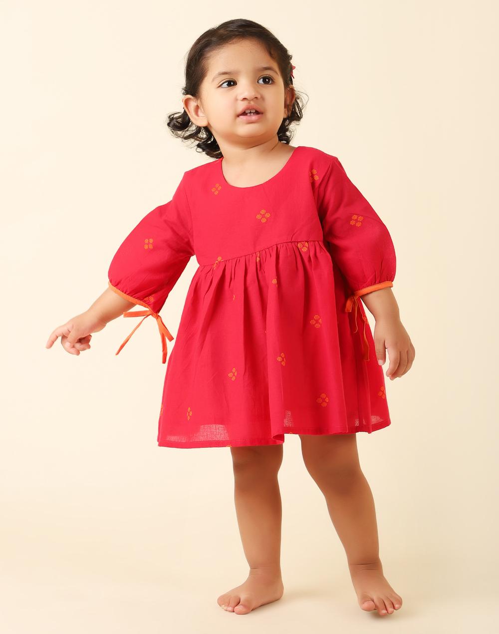 pink cotton dobby flared dress